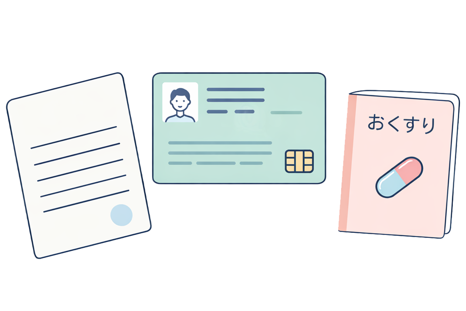 紹介状、健康保険証（またはマイナ保険証）、お薬手帳